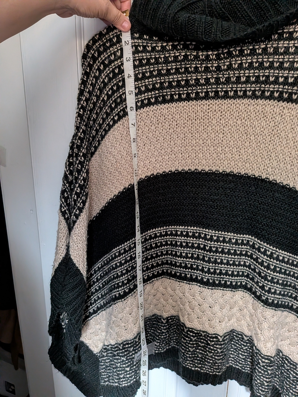 Women's Striped Turtleneck Knit Poncho - Black & Cream